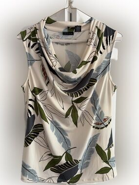 Tahari Ivory Sleeveless Cowl Neck Tank with Green and Blue Leaf Print Sz S